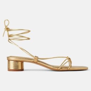 ZARA Gold leather ankle wrap sandals